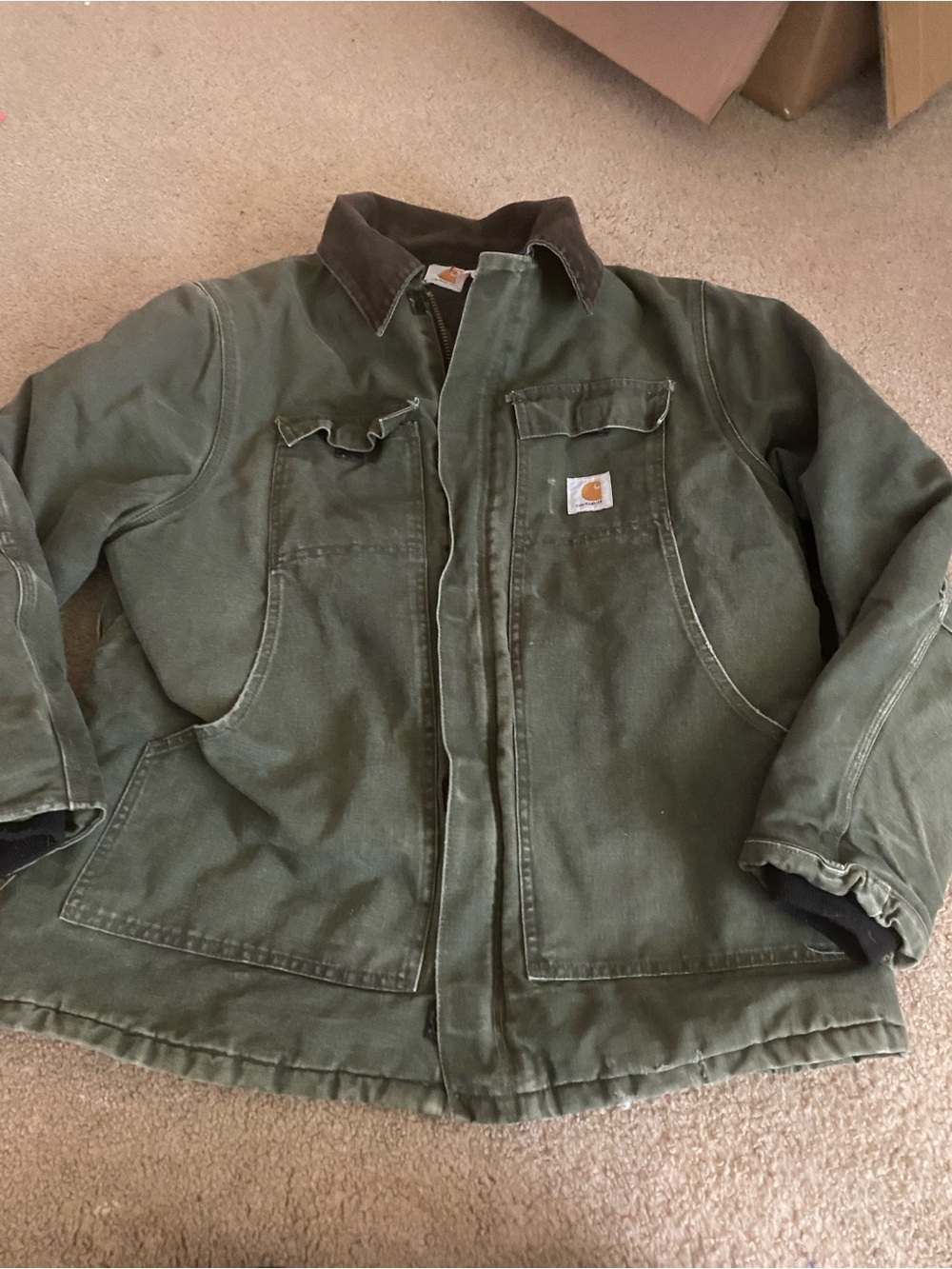 Carhartt Olive Green Duck Canvas Work Jacket with Brown Corduroy Collar